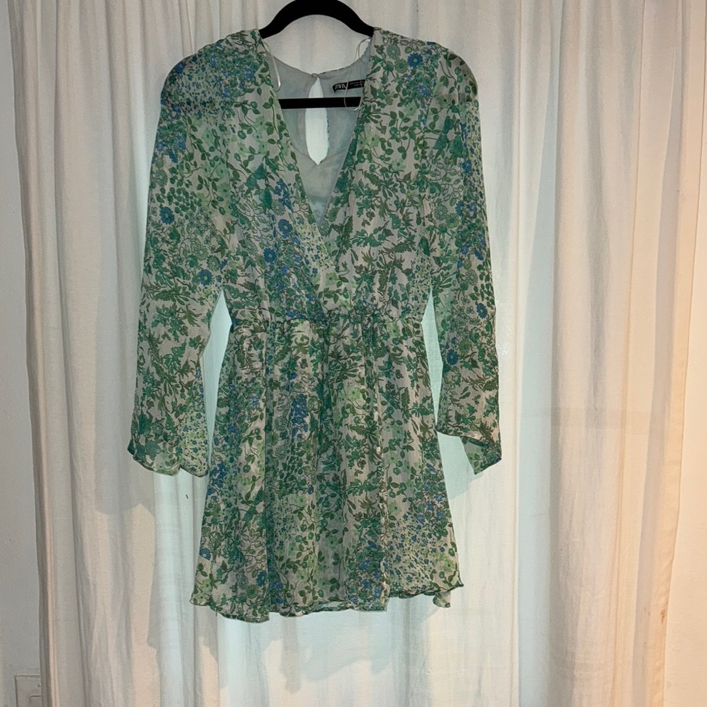 Zara Green and White Long Sleeve Wrap Dress